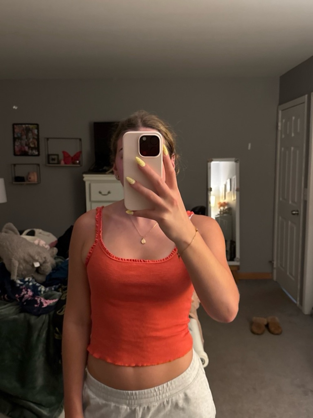 Women's Orange/pink Ribbed Tank Top - Casual Knit Camisole
